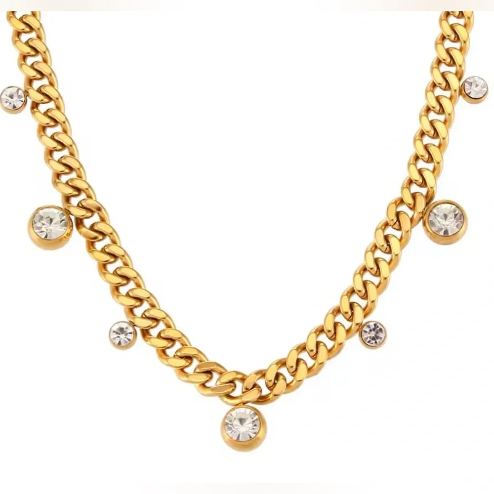 NEW 18K GOLD PLATED CUBAN CHAIN WITH ZIRCON CHARMS – ADJUSTABLE CHOKER